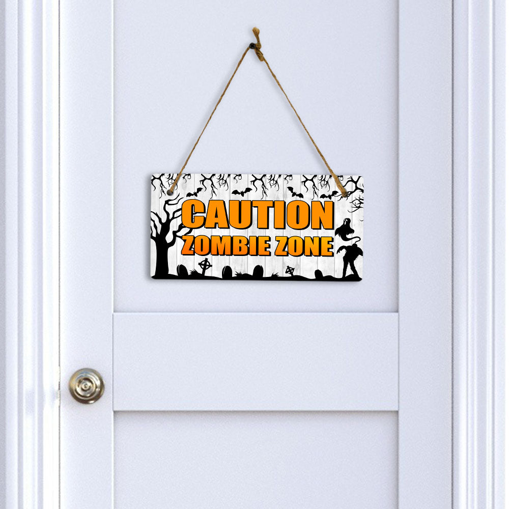 Caution Zombie Zone 5x10 Hanging Plus Wall or Door Sign | Rustic Twined | Spooky Halloween Decoration