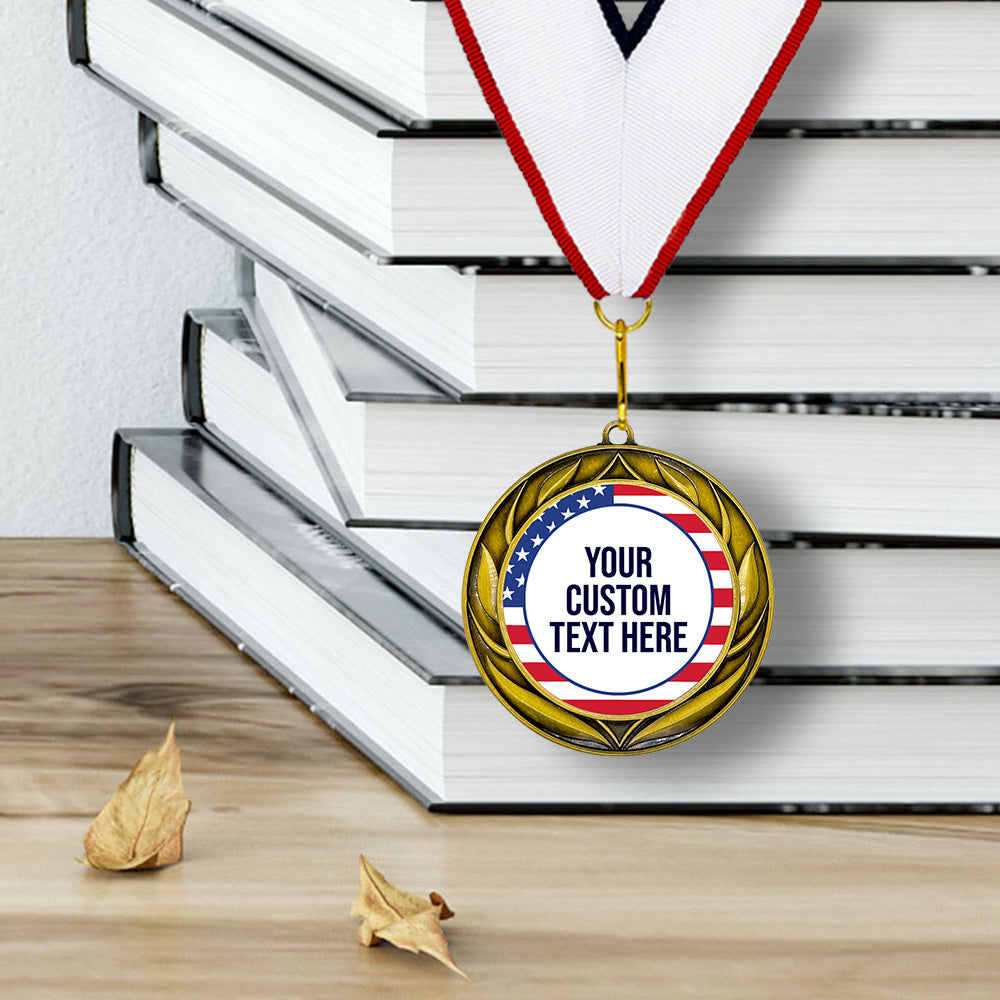 USA Flag Custom Personalized Wreath Design Medal | Choice of Ribbon | Patriotic Personalized Award