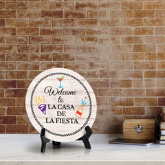 Signs ByLITA Circle Welcome to La Casa de La Fiesta Wood Color, Entrance Decor Table Sign (5"x5")