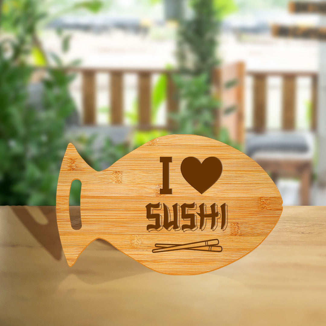 I Love Sushi 14 x 8.5" Fish Shape Cutting Board | Decorative Kitchen Accessory For Sushi Lovers