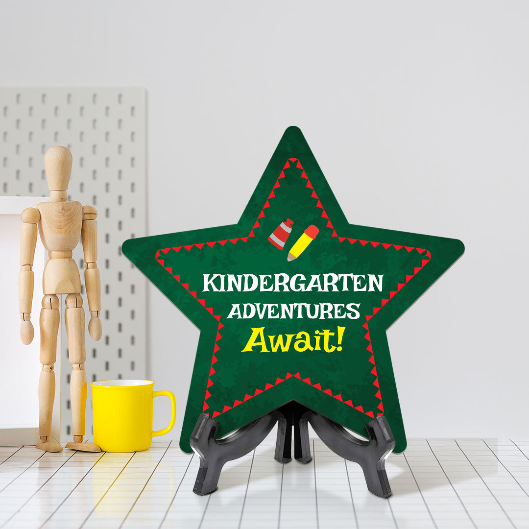 Sign ByLITA Kindergarten Adventures Await! Star Table Sign with Acrylic Stand (7.5x7.5“) Development | Kindergarten Classroom Essentials | Nurture Young Minds | Fun & Educational Supplies | Easy to Read | Includes Easel Stand