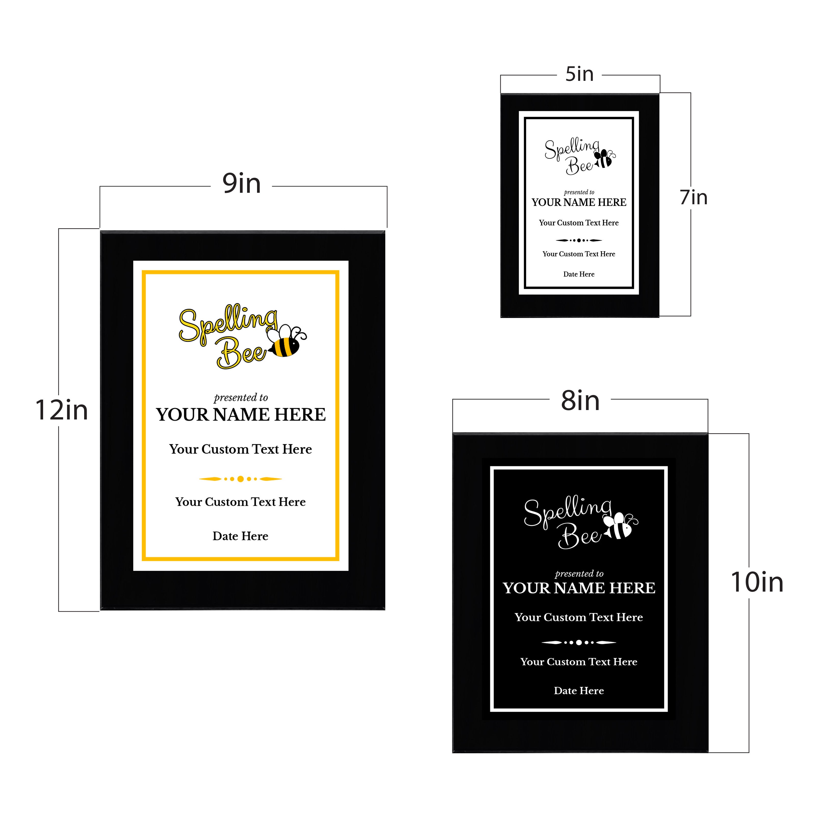 Spelling Bee Competition Customizable Black Frame Award Plaque | Easel Mount Option | Achievement and Recognition Personalizable Plaques