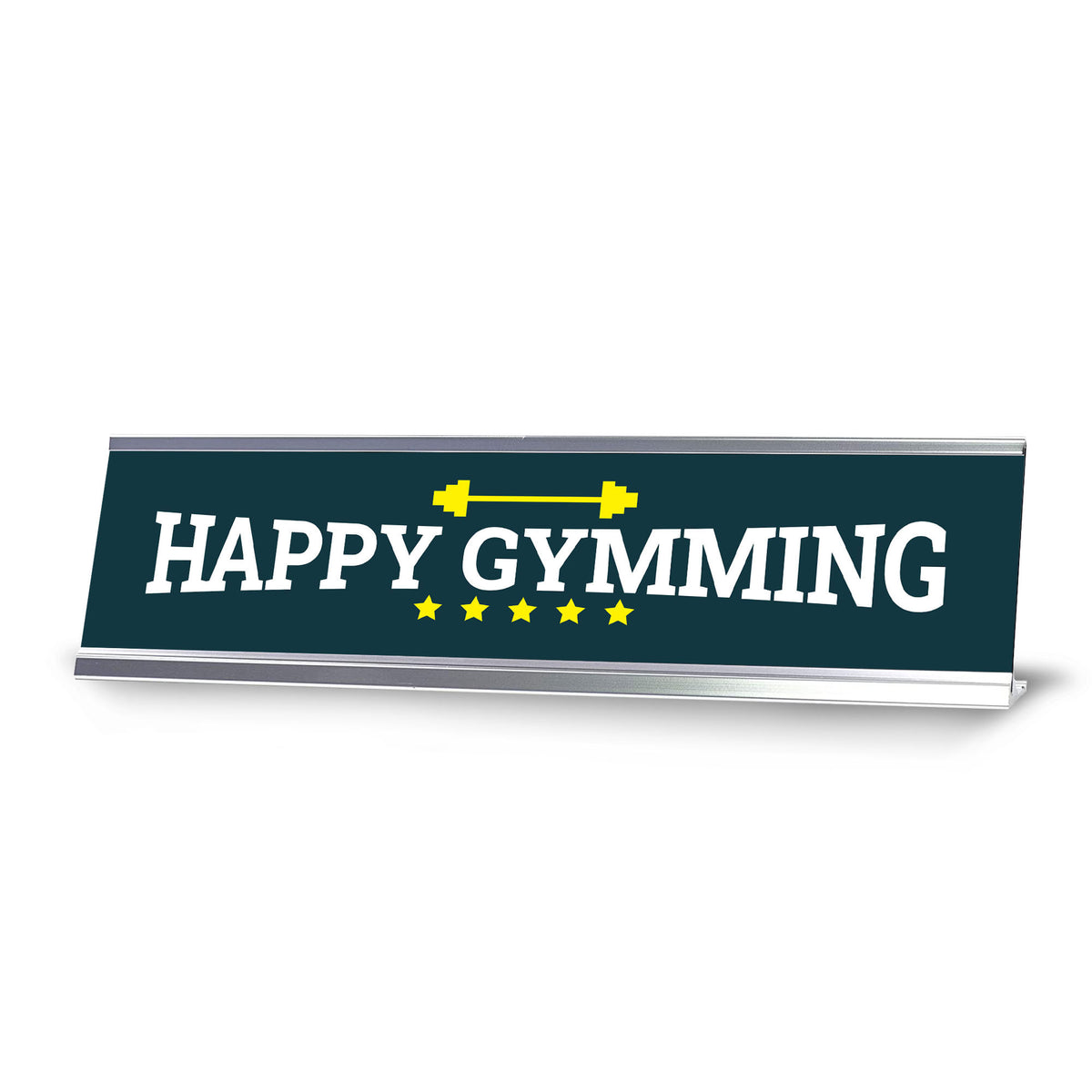 Signs ByLITA Happy Gymming, Silver Frame, Gym Desk Sign (2x8)