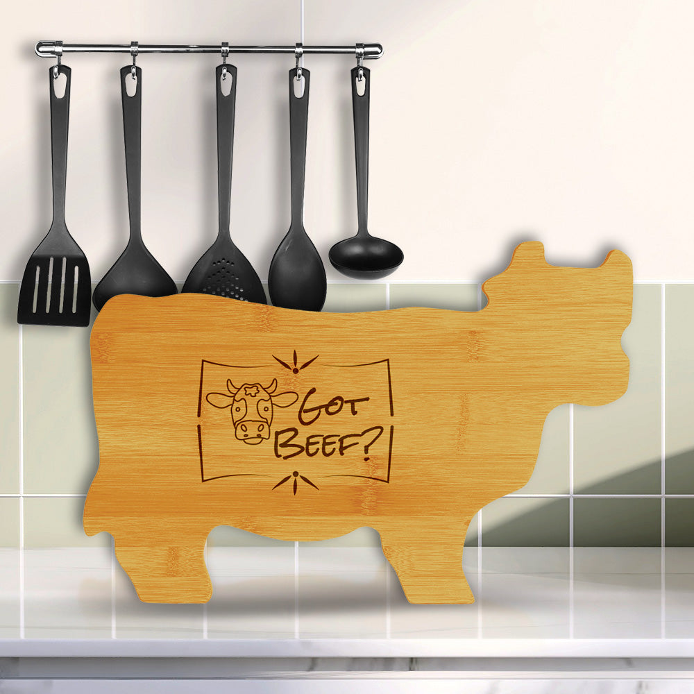 Got Beef? 14.75 x 9.75" Cow Shape Cutting Board | Funny Kitchen Chopping Board