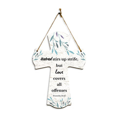 Hatred stirs up strife, but love covers all offenses Proverbs 10:12 11.5" x 8" Cross Hanging Sign | Rustic Twine | Inspiring Religious Bible Decor