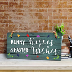 Bunny Kisses & Easter Wishes 5x10 Hanging Wall or Door Sign | Funny Religious Home Decor