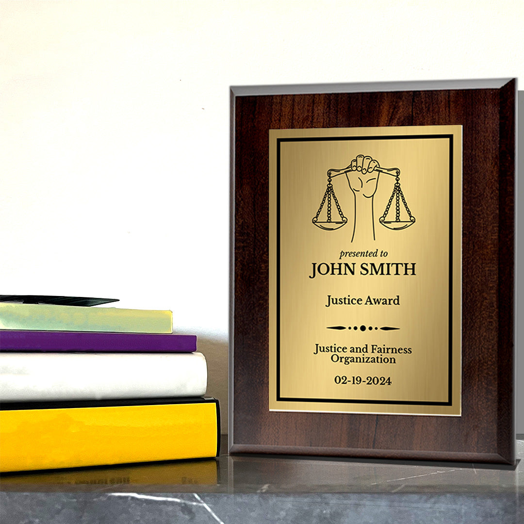 Legal and Justice Theme Custom Award Plaque |Easel Mount Option | Achievement and Service Personalizable Plaques