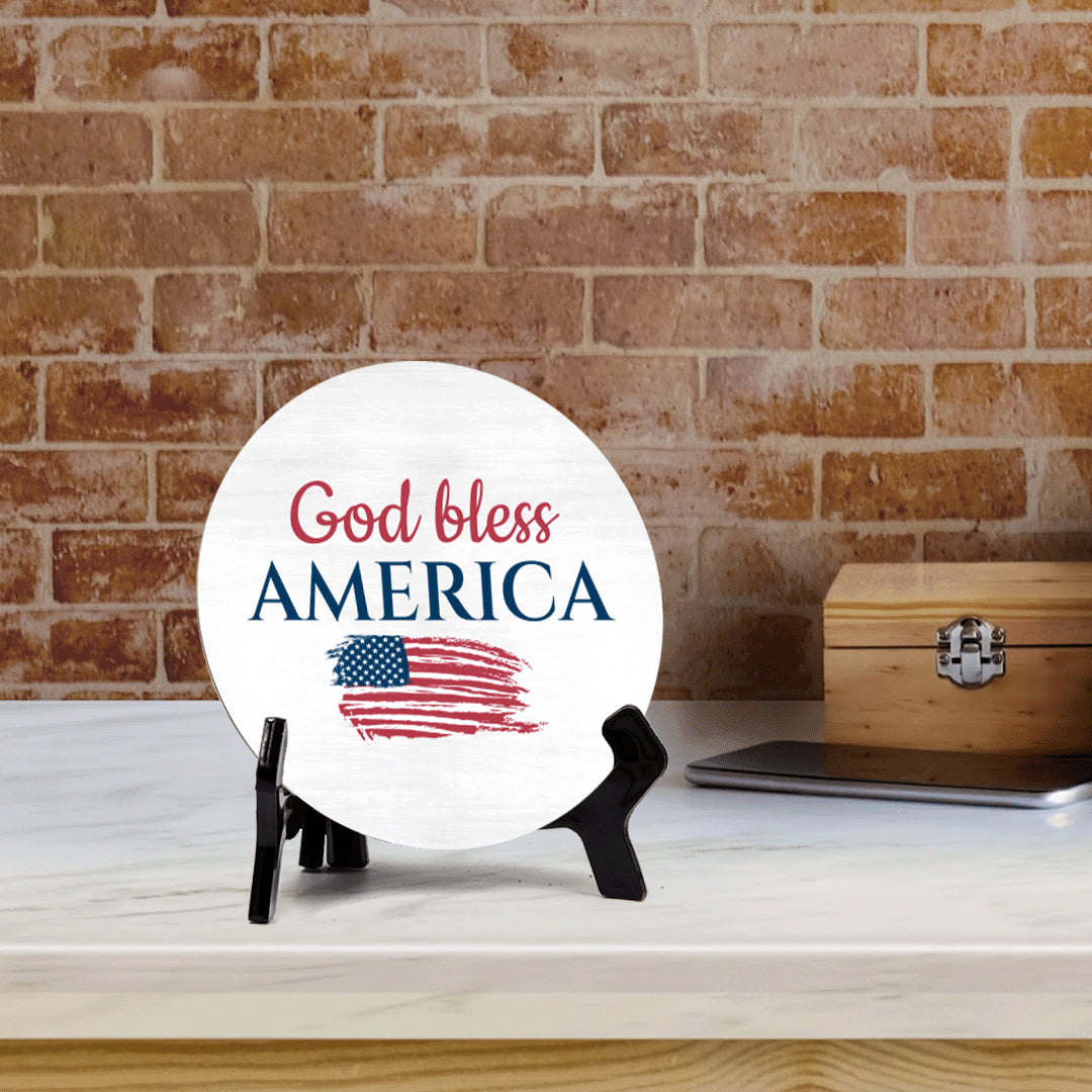 God Bless America (5 x 5“) Circle Table Sign with Acrylic Stand | American Pride Decoration