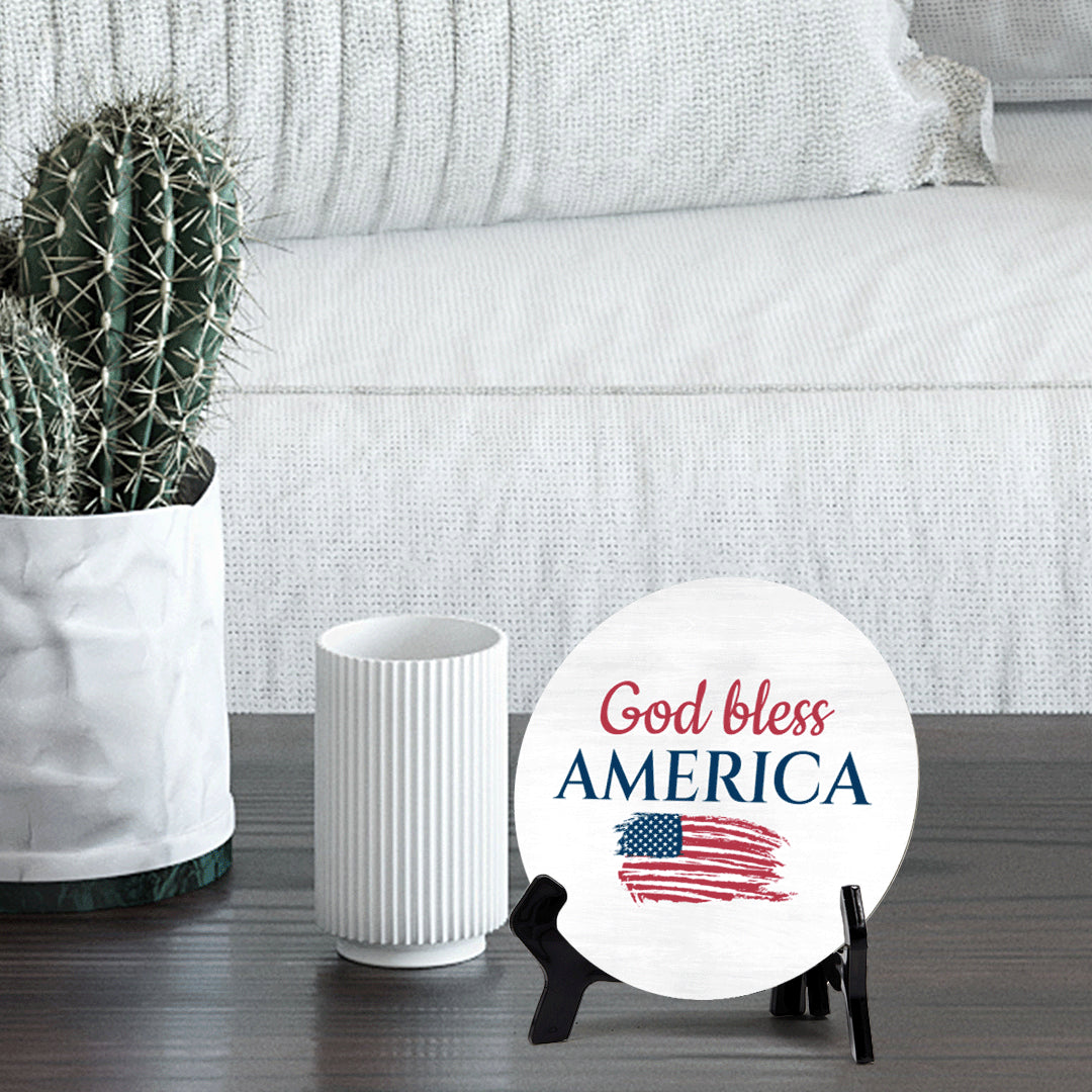 God Bless America (5 x 5“) Circle Table Sign with Acrylic Stand | American Pride Decoration