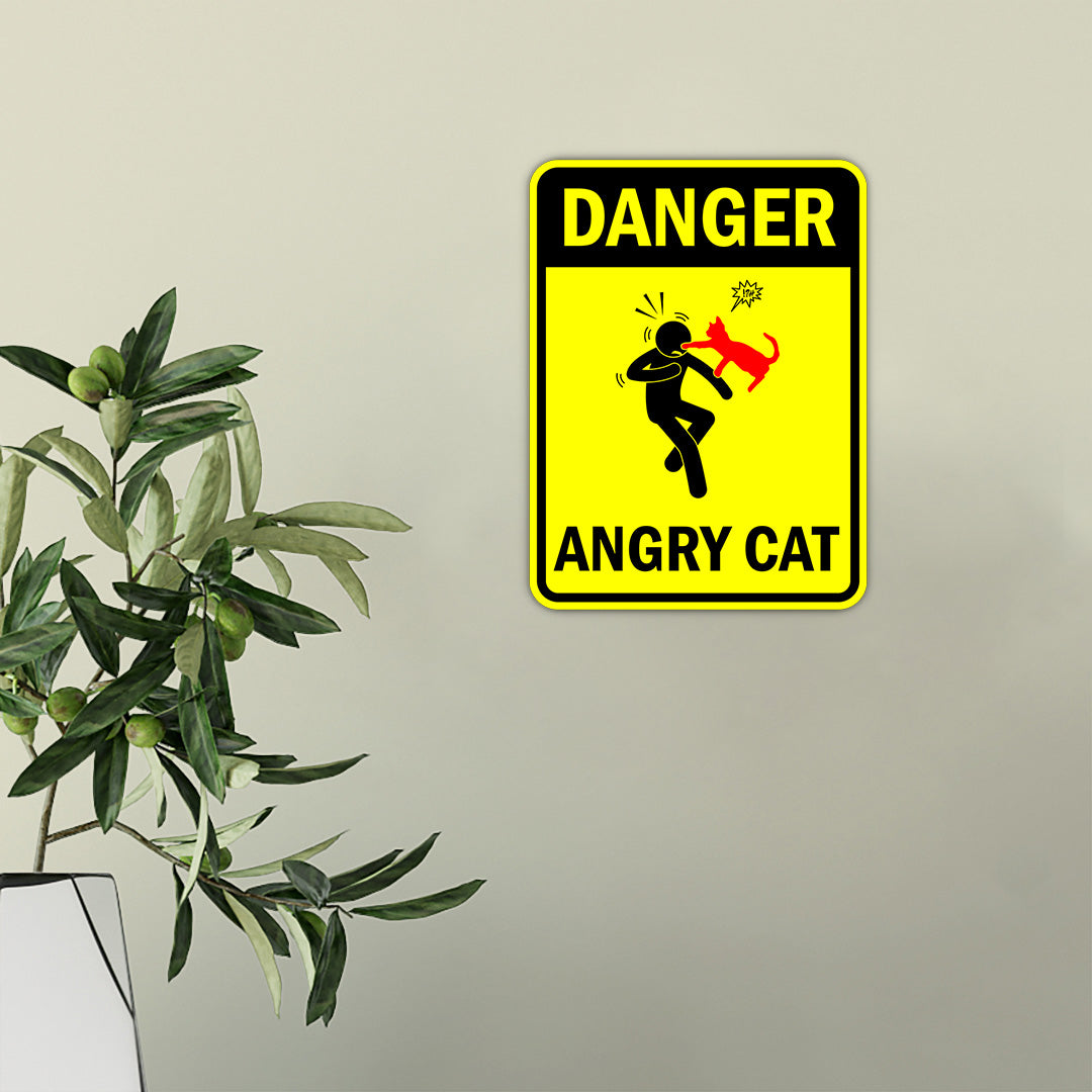 Portrait Round Plus Danger Angry Cat Door or Wall Sign | Funny Warning Sign For Decoration