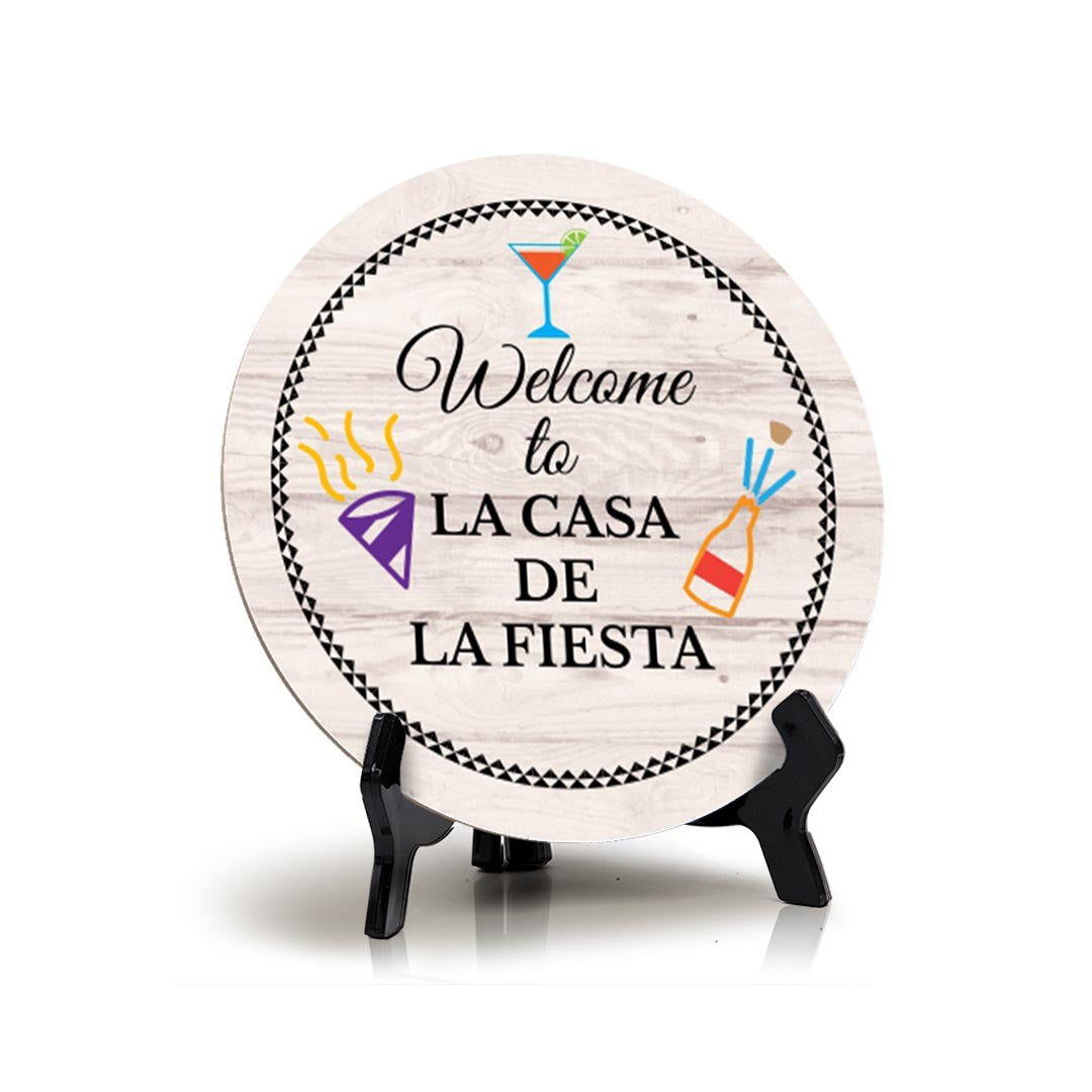 Signs ByLITA Circle Welcome to La Casa de La Fiesta Wood Color, Entrance Decor Table Sign (5"x5")