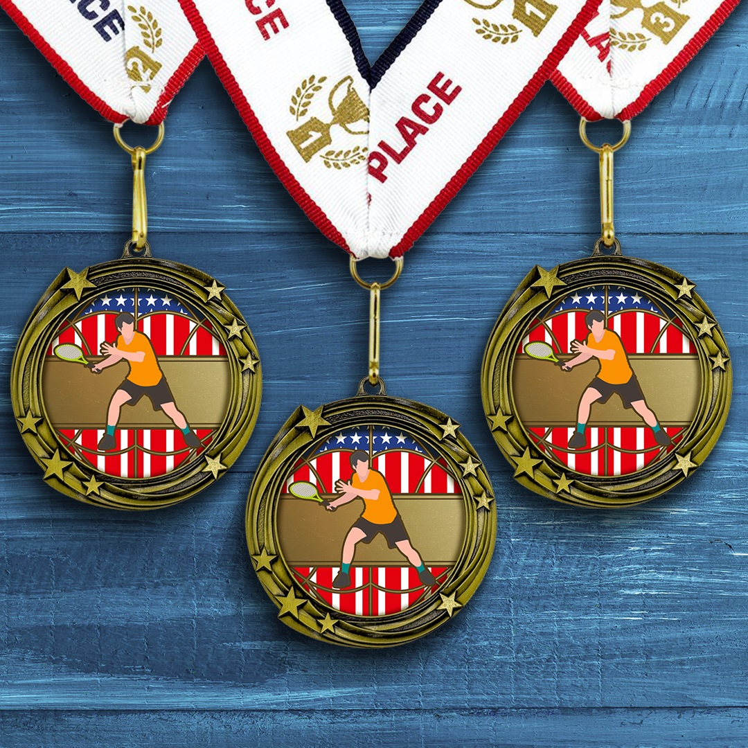 All Quality Tennis Swirling Stars Design Medal - 1st, 2nd, 3rd Place