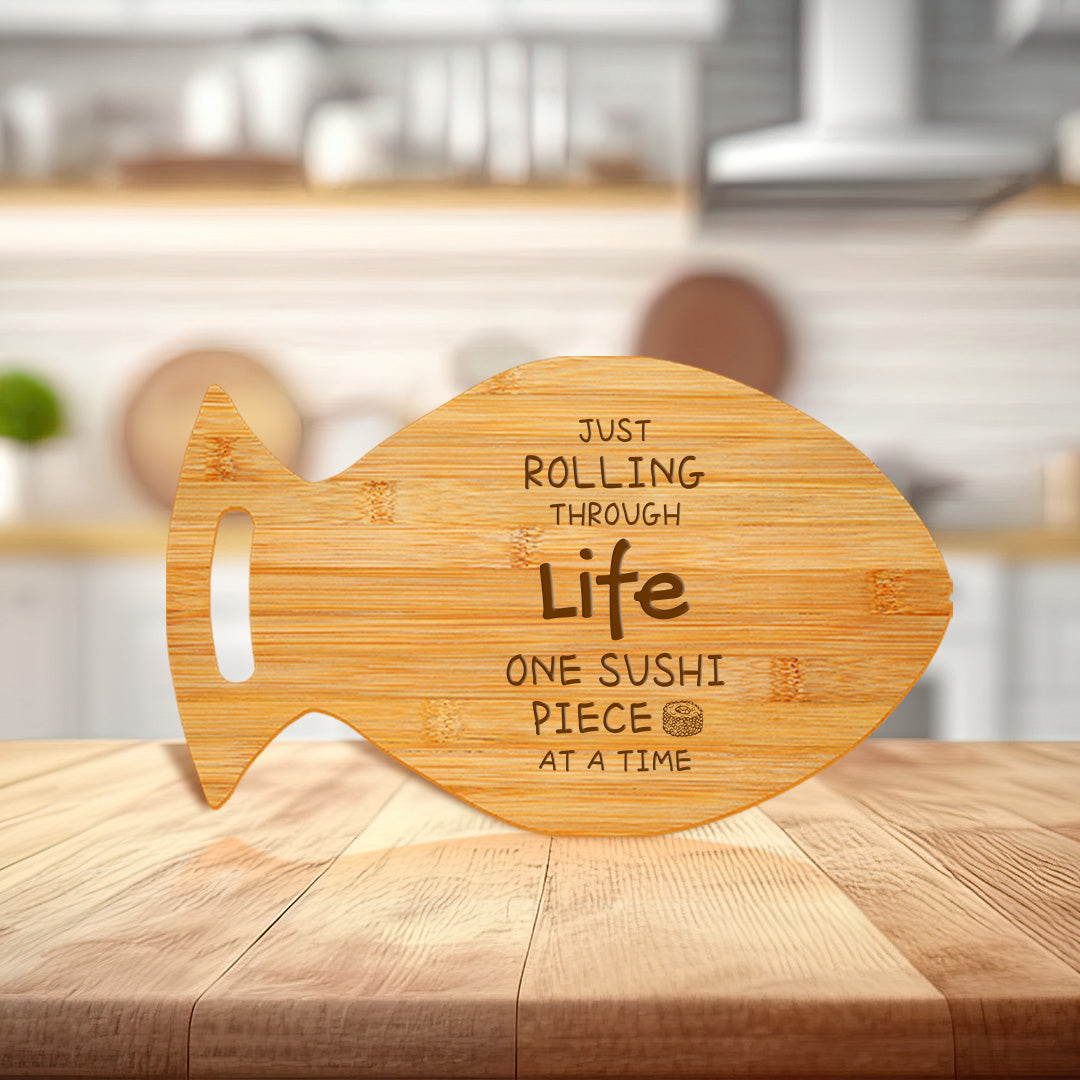 Just Rolling Through Life One Sushi Piece At A Time! 14 x 8.5" Fish Shape Cutting Board | Decorative Kitchen Accessory For Sushi Lovers