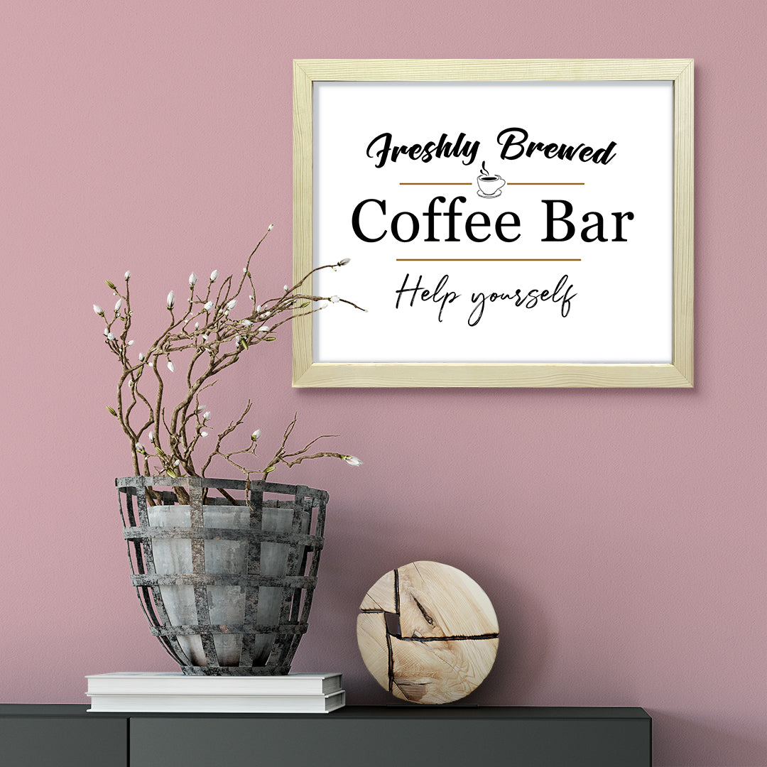 Freshly Brewed Coffee Bar Help Yourself, Framed Wall Art, Home Décor Prints