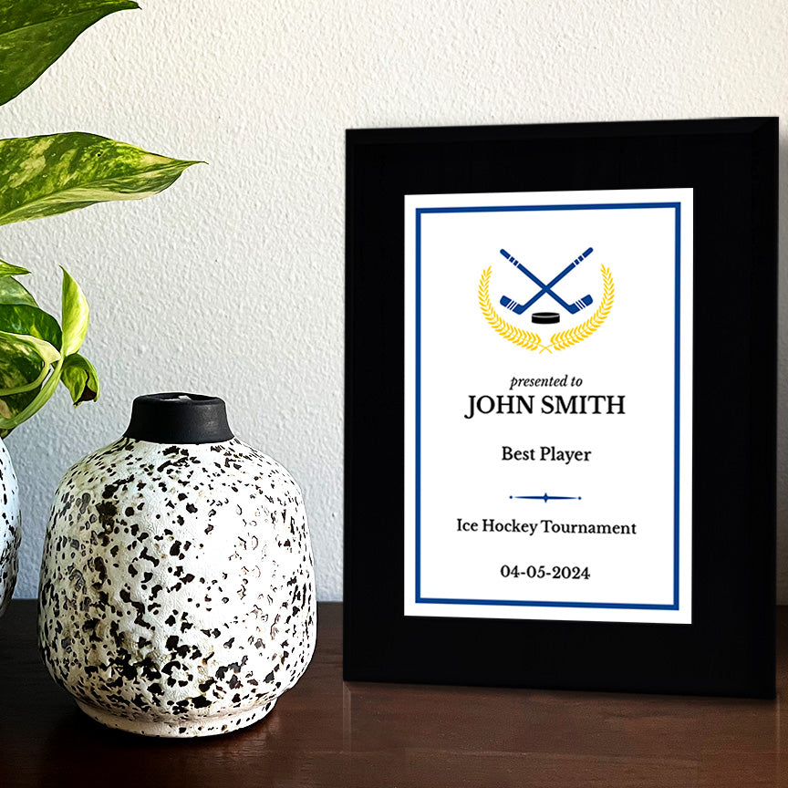 Ice Hockey Customizable Black Frame Wooden Award Plaque | Easel Mount Option | Achievement and Recognition Personalizable Plaques