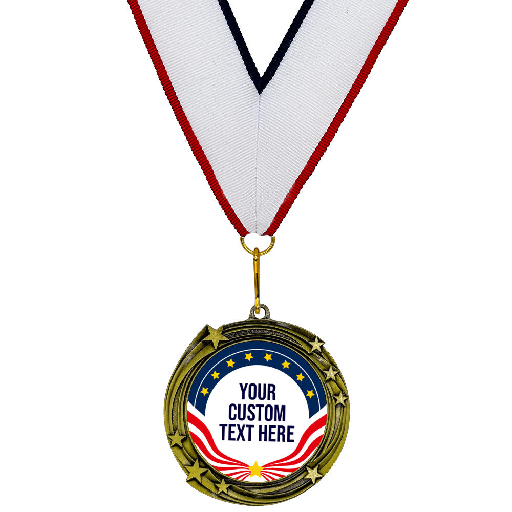 Gold Star Custom Personalized Stars Design Medal | Choice of Ribbon | USA Flag Personalized Award