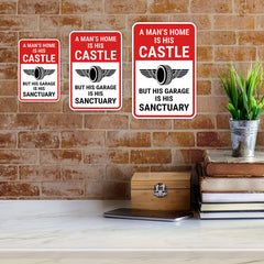 Portrait Round Plus A Man's Home Is His Castle But His Garage Is His Sanctuary Wall or Door Sign | Easy Installation | Funny Novelty Imitation Warning Signs