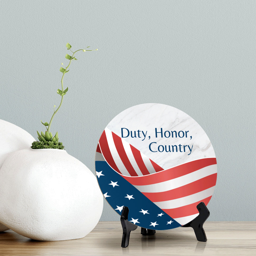 Duty, Honor, Country (5 x 5“) Circle Table Sign with Acrylic Stand | American Pride Decoration