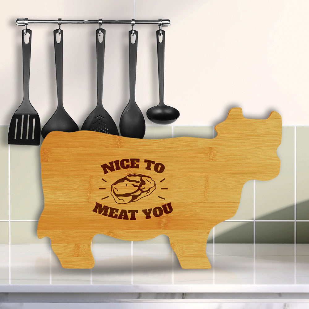 Nice to Meat You 14.75 x 9.75" Cow Shape Cutting Board | Funny Kitchen Chopping Board