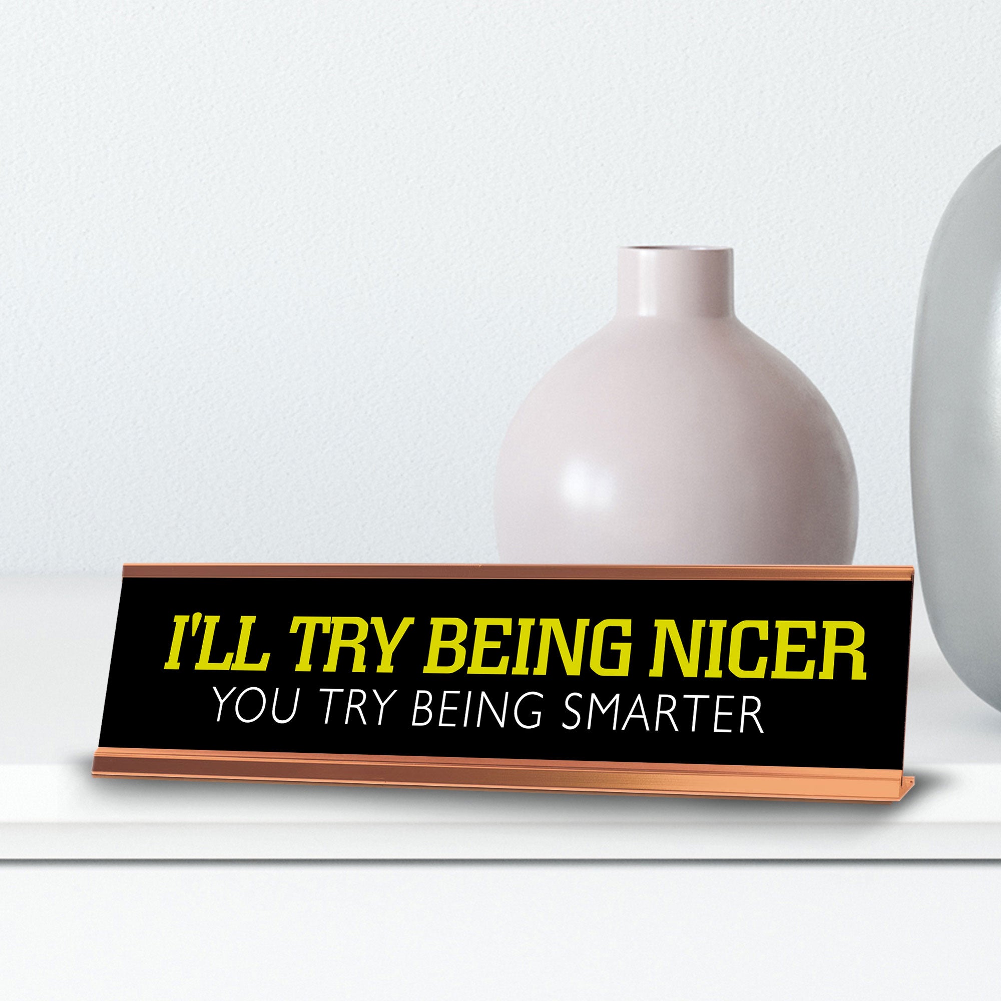 I'll Try Being Nicer You Try Being Smarter Novelty Desk Sign (2x10") | Funny Office Decor