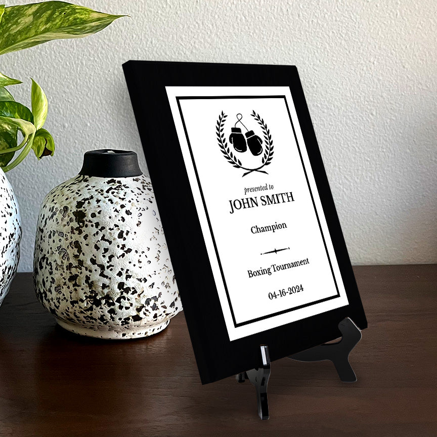 Boxing Customizable Black Frame Wooden Award Plaque | Easel Mount Option | Achievement and Recognition Personalizable Plaques