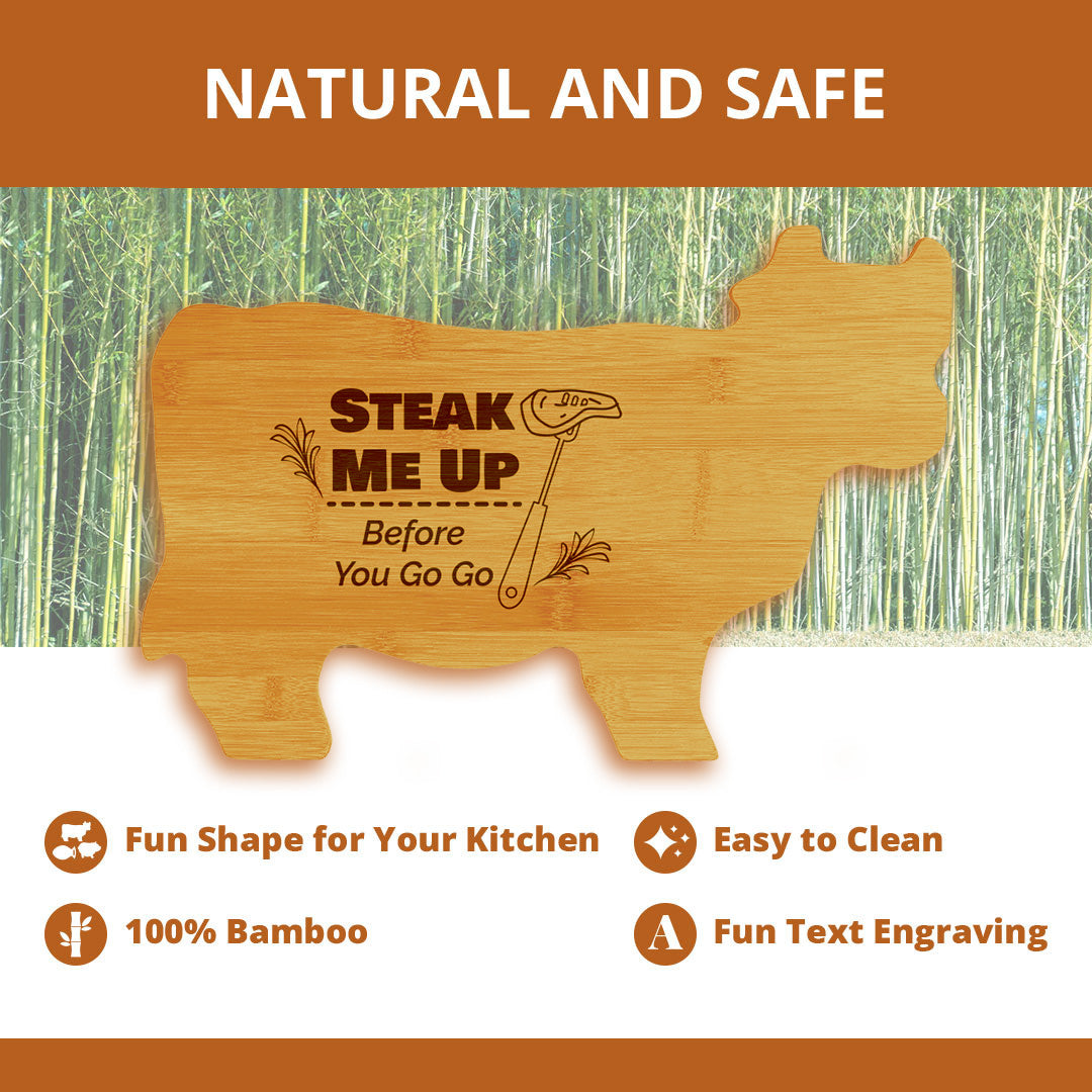 Steak Me Up Before You Go Go 14.75 x 9.75" Cow Shape Cutting Board | Funny Kitchen Chopping Board