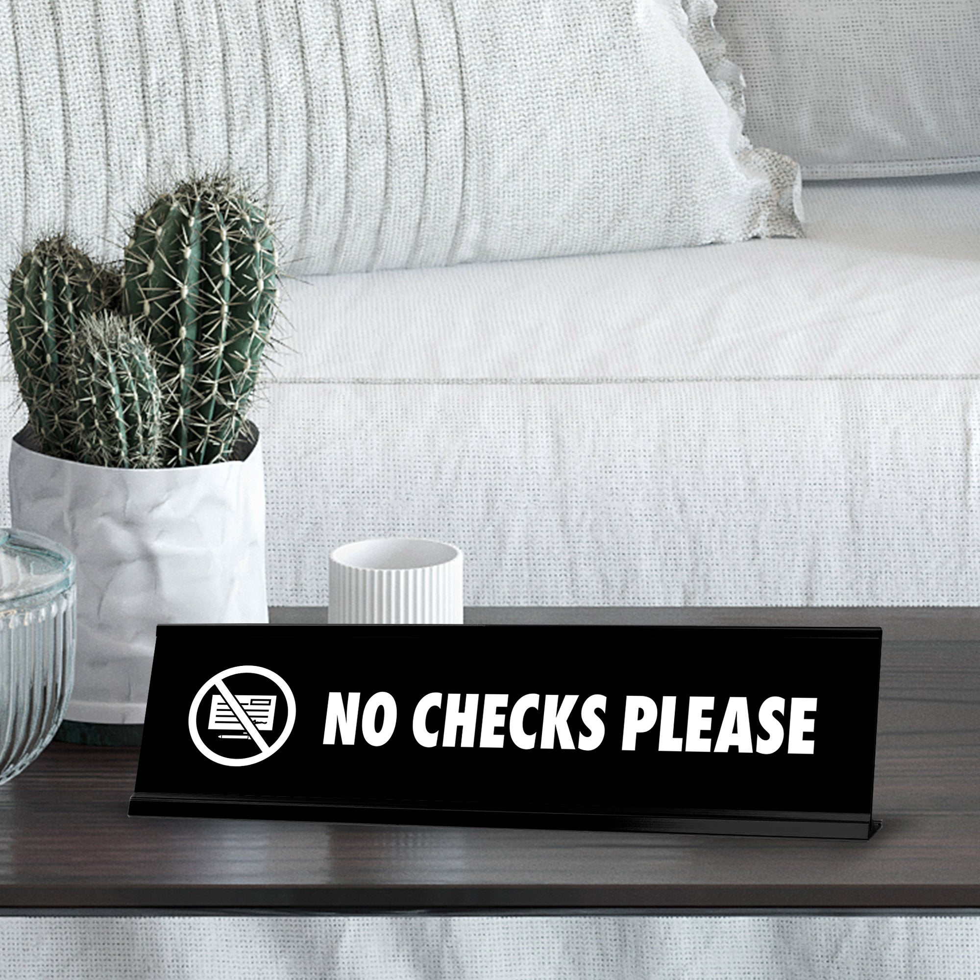 No Checks Please, BW Black Frame, Desk Sign (2x8")