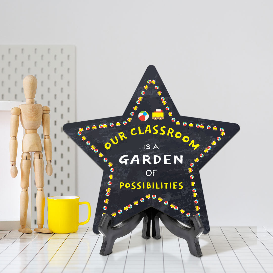 Signs ByLITA Our Classroom is a Garden of Possibilities Star Table Sign with Acrylic Stand (7.5x7.5“) Development | Kindergarten Classroom Essentials | Nurture Young Minds | Fun & Educational Supplies | Easy to Read | Includes Easel Stand