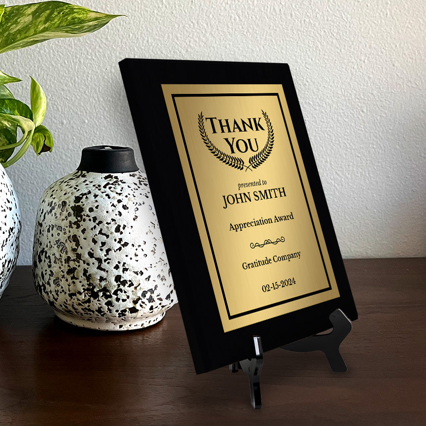 Thank You Gratitude and Appreciation Customizable Black Frame Award Plaque | Easel Mount Option | Recognition of Achievement and Service Personalizable Plaques