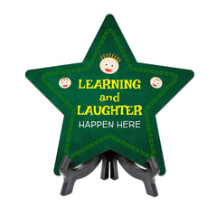 Sign ByLITA Learning and Laughter Happen Here Star Table Sign with Acrylic Stand (7.5x7.5“) Development | Kindergarten Classroom Essentials | Nurture Young Minds | Fun & Educational Supplies | Easy to Read | Includes Easel Stand, Star Table Sign (6"x5")