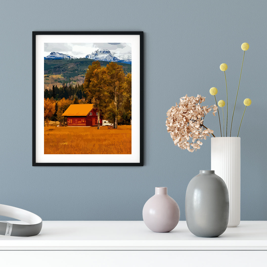 Rustic Fall Mountain Farm Scene Framed Wall Print Easy Installation | Farm Lifestyle | Stylish Modern Decoration For The Home and Officer