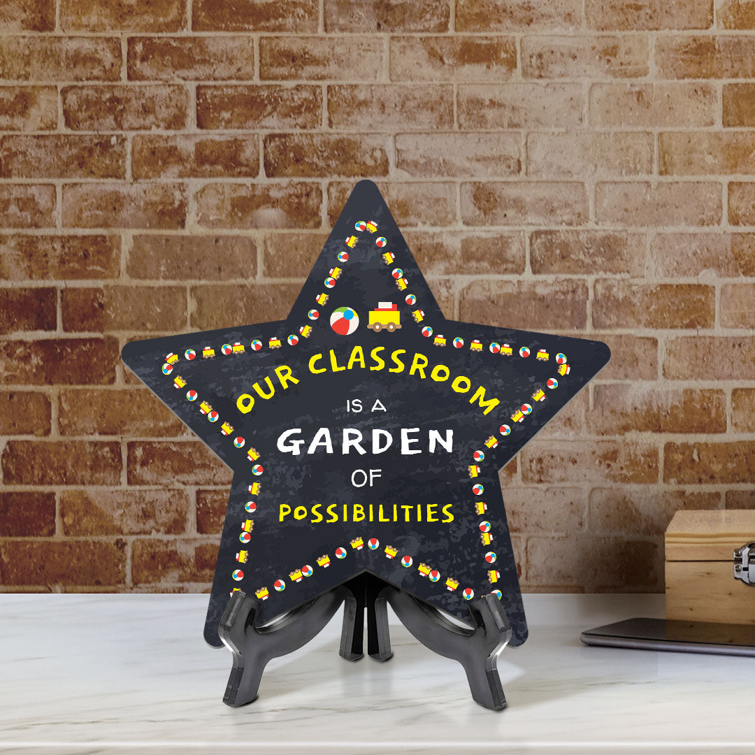 Signs ByLITA Our Classroom is a Garden of Possibilities Star Table Sign with Acrylic Stand (7.5x7.5“) Development | Kindergarten Classroom Essentials | Nurture Young Minds | Fun & Educational Supplies | Easy to Read | Includes Easel Stand