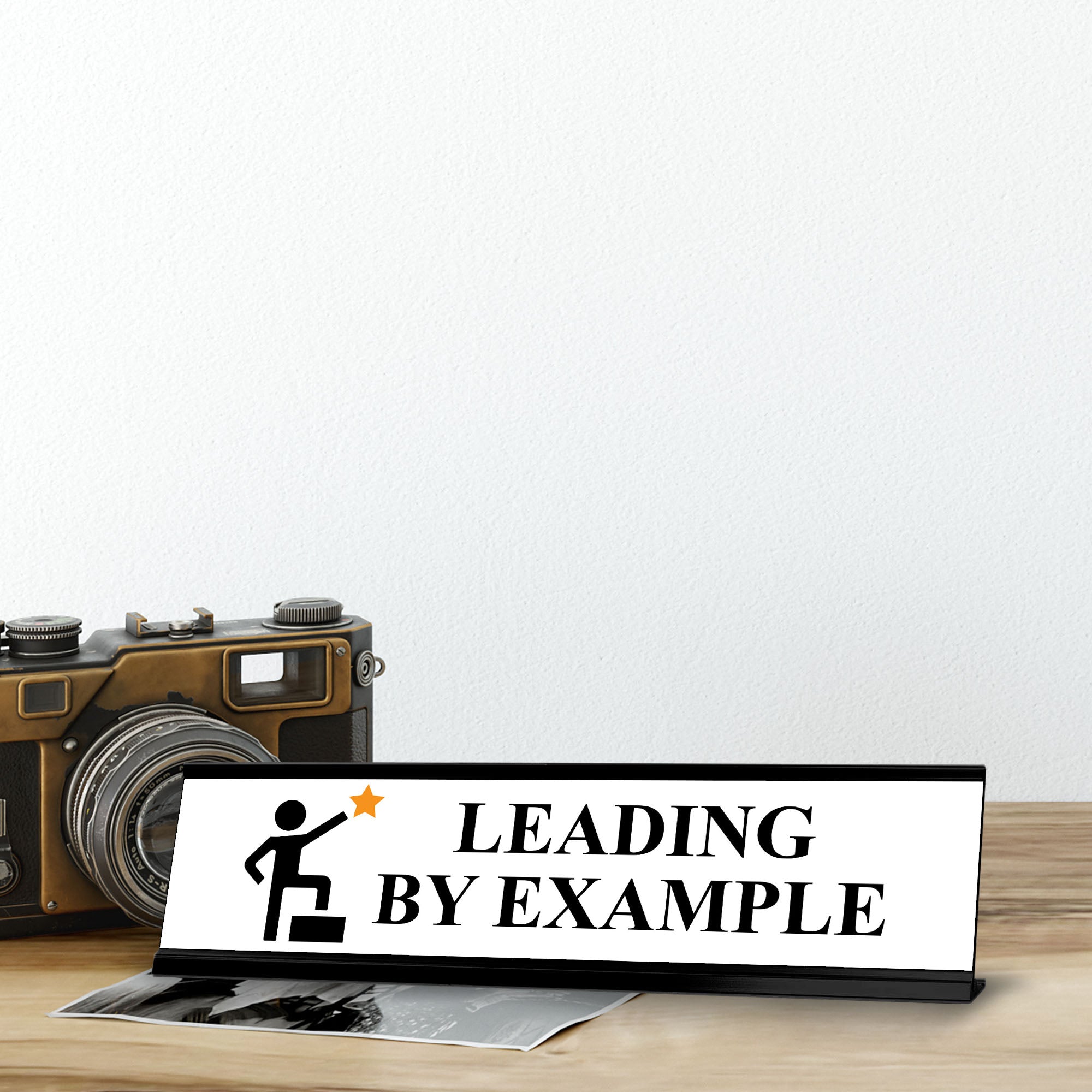 Leading By Example, Star Black Frame, Desk Sign (2x8")