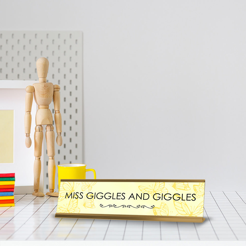 Miss Giggles and Giggles Gold Frame Desk Sign (2x8") | Appreciation Idea For Her | Girlfriend | Workspace Decoration