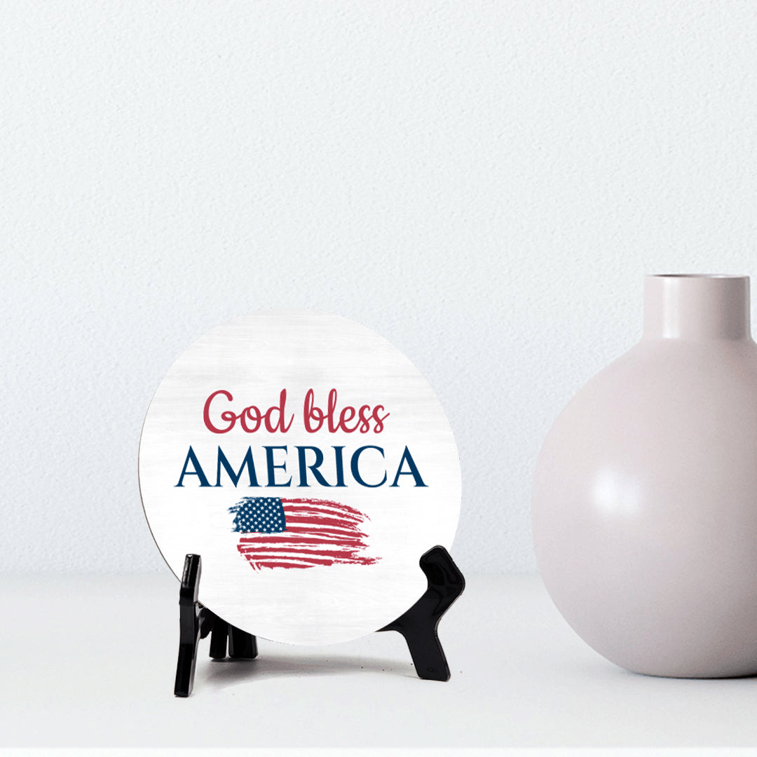 God Bless America (5 x 5“) Circle Table Sign with Acrylic Stand | American Pride Decoration