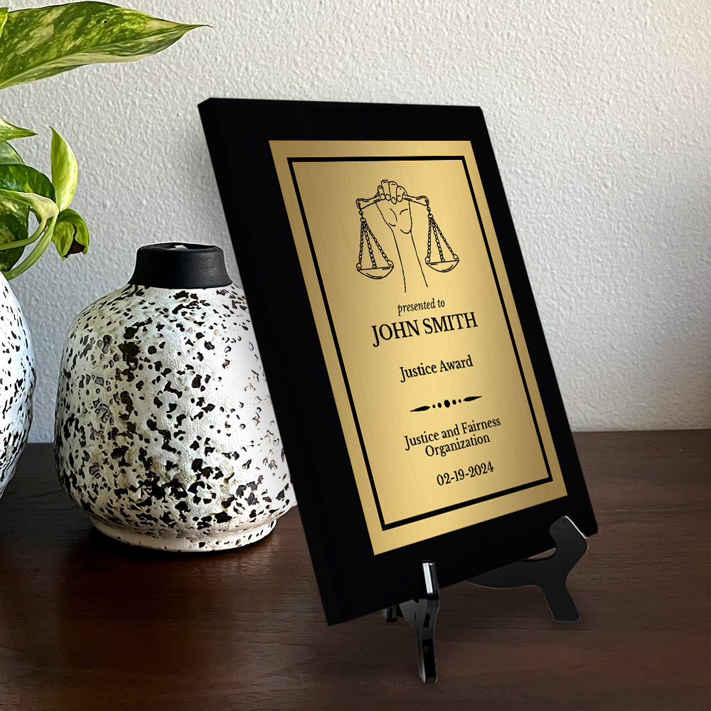 Legal and Justice Theme Customizable Black Frame Award Plaque | Easel Mount Option | Achievement and Service Personalizable Plaques