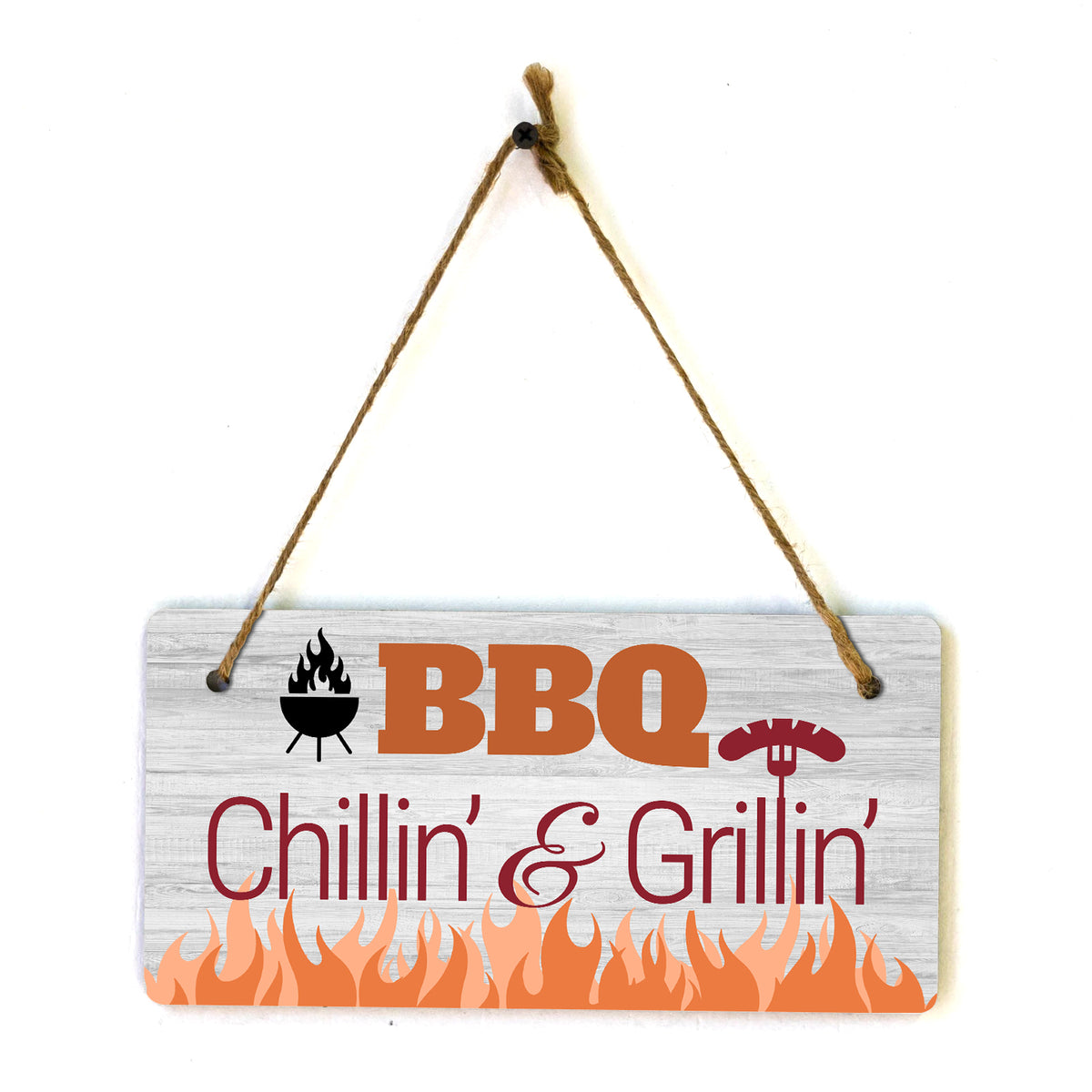 BBQ Chillin' & Grillin' 5x10 Hanging Plus Wall or Door Sign | Funny Home Decor