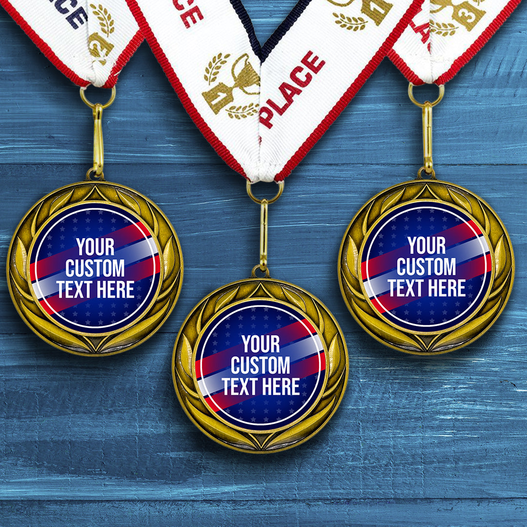 Patriot Custom Personalized Wreath Design Medal | Choice of Ribbon | USA Flag Personalized Award