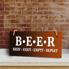 Beer Brew Enjoy Empty Repeat (5 x 10") Hanging Plus Wall or Door Sign | Funny Home Decor