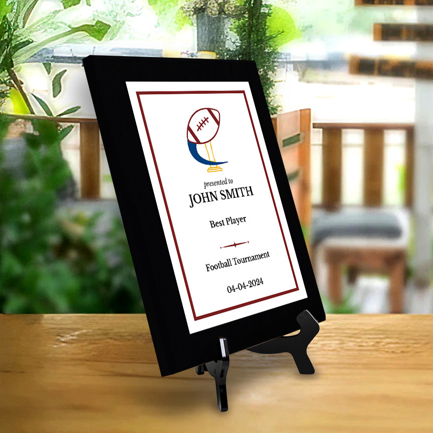 Football Customizable Black Frame Wooden Award Plaque | Easel Mount Option | Achievement and Recognition Personalizable Plaques