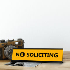 No Soliciting, Black Frame Desk Sign (2x8")