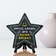 Signs ByLITA Smile, Laugh, and Shine Bright Star Table Sign with Acrylic Stand (7.5x7.5“) Development | Kindergarten Classroom Essentials | Nurture Young Minds | Fun & Educational Supplies | Easy to Read | Includes Easel Stand