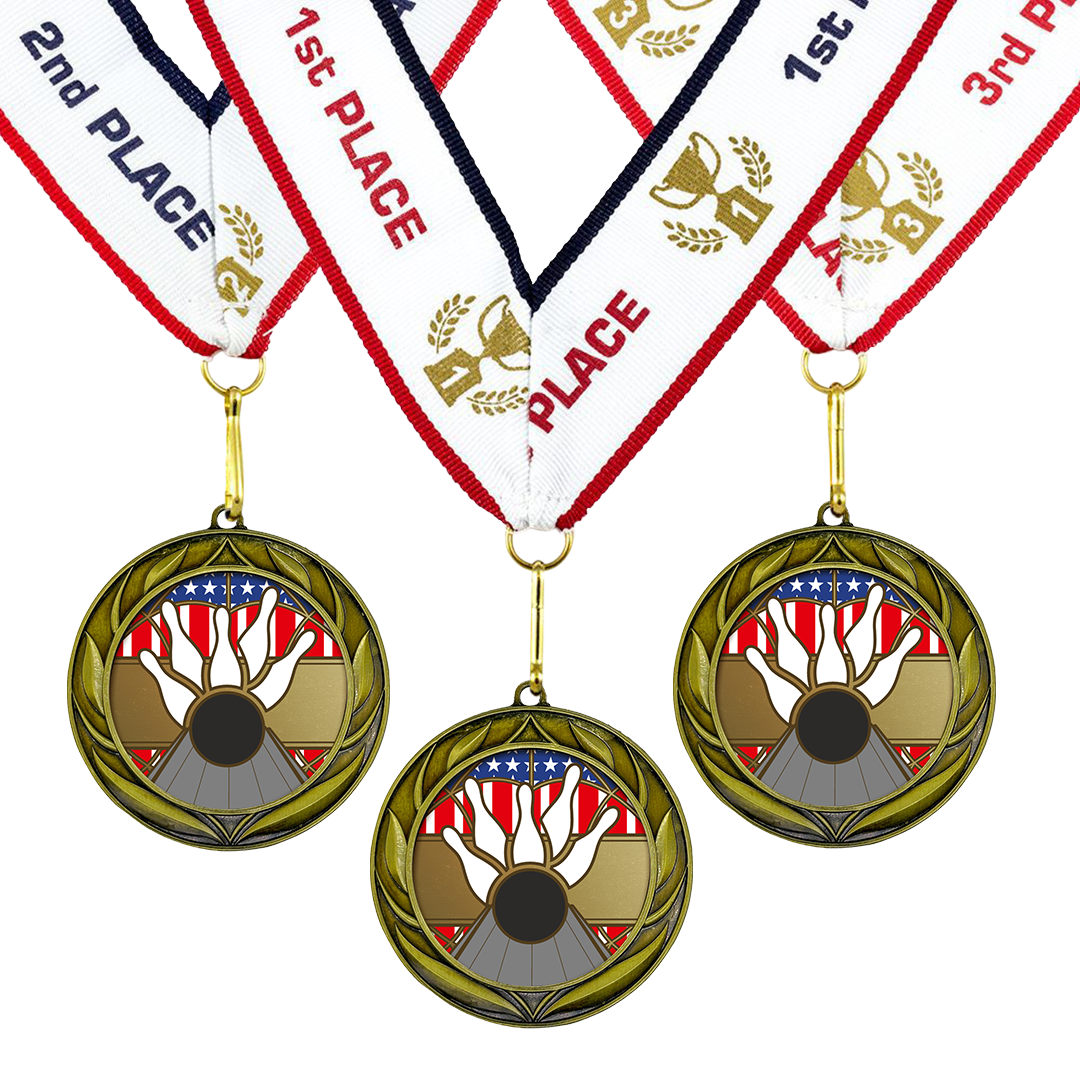 All Quality Bowling Wreath Design Medal - 1st, 2nd, 3rd Place