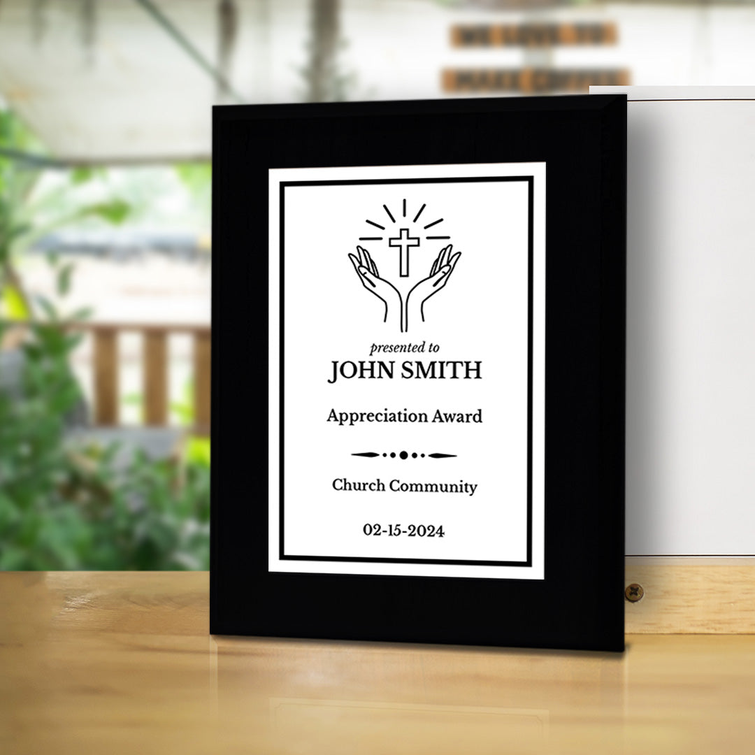 Church and Religion Theme Customizable Black Frame Award Plaque | Easel Mount Option | Recognition of Achievement and Service Personalizable Plaques