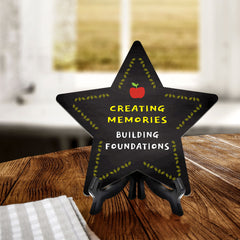 Sign ByLITA Creating Memories, Building Foundations Star Table Sign with Acrylic Stand (7.5x7.5“) Development | Kindergarten Classroom Essentials | Nurture Young Minds | Fun & Educational Supplies | Easy to Read | Includes Easel Stand