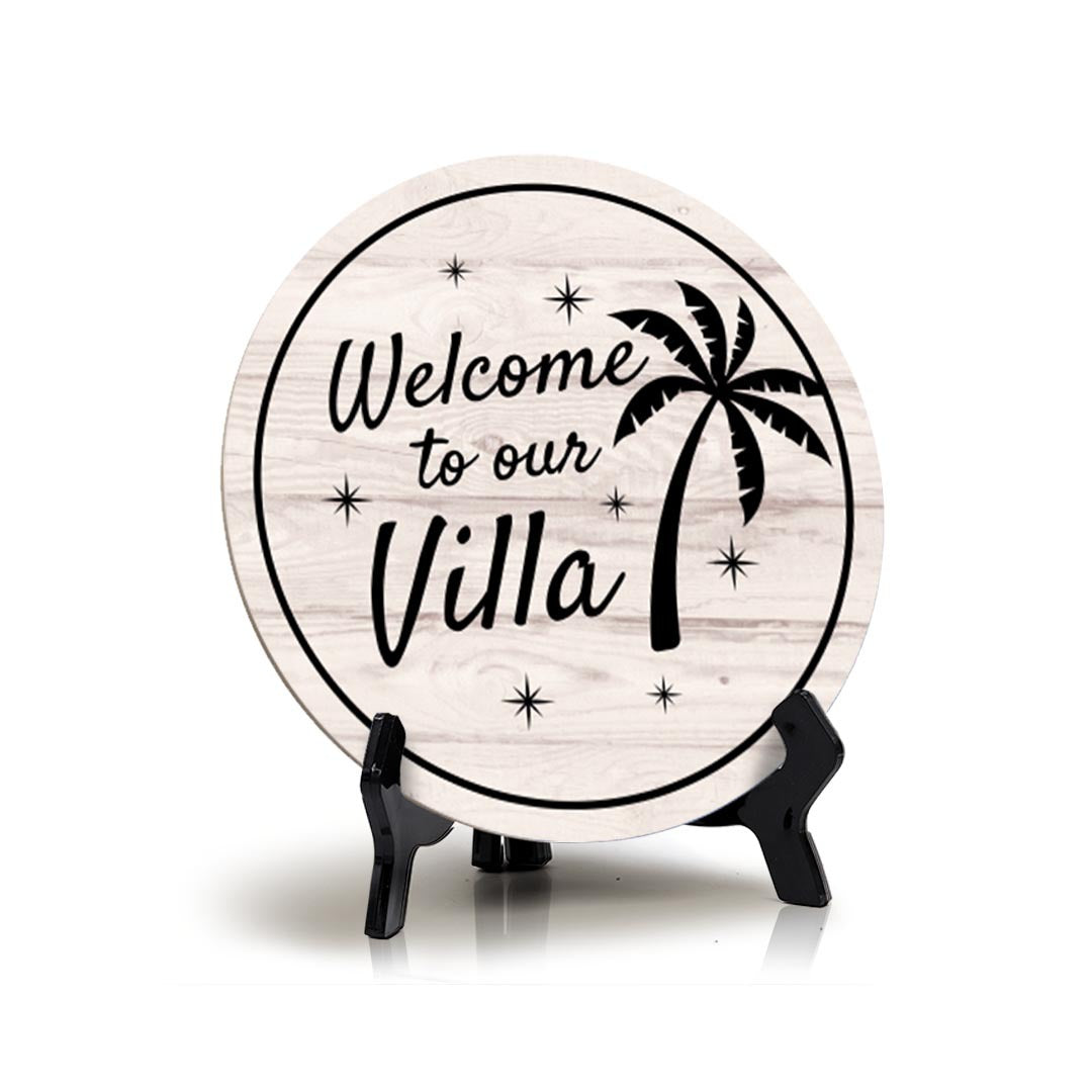 Signs ByLITA Circle Welcome to Our Villa Wood Color, Entrance Decor Table Sign (5"x5")