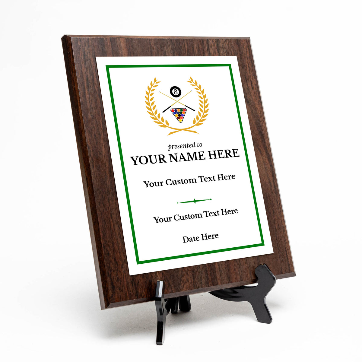 Pool or Snooker Customizable Wooden Award Plaque | Easel Mount Option | Achievement and Recognition Personalizable Plaques | Sports Award