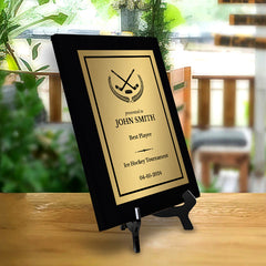 Ice Hockey Customizable Black Frame Wooden Award Plaque | Easel Mount Option | Achievement and Recognition Personalizable Plaques