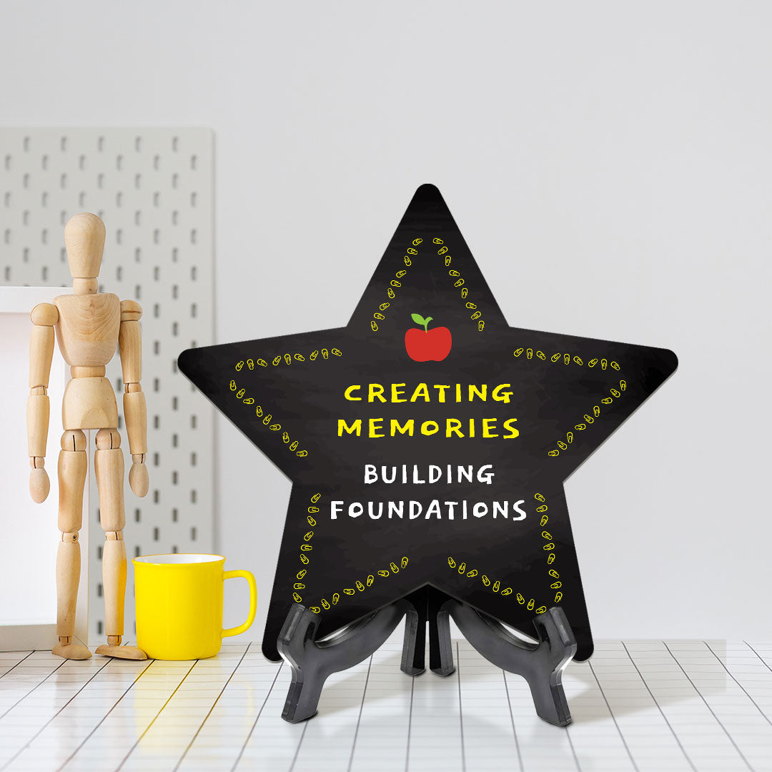 Sign ByLITA Creating Memories, Building Foundations Star Table Sign with Acrylic Stand (7.5x7.5“) Development | Kindergarten Classroom Essentials | Nurture Young Minds | Fun & Educational Supplies | Easy to Read | Includes Easel Stand