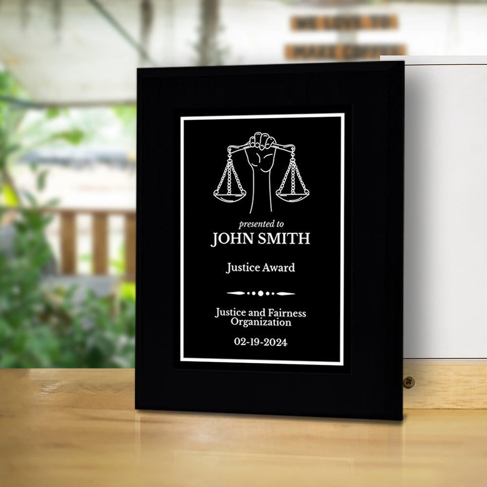 Legal and Justice Theme Customizable Black Frame Award Plaque | Easel Mount Option | Achievement and Service Personalizable Plaques